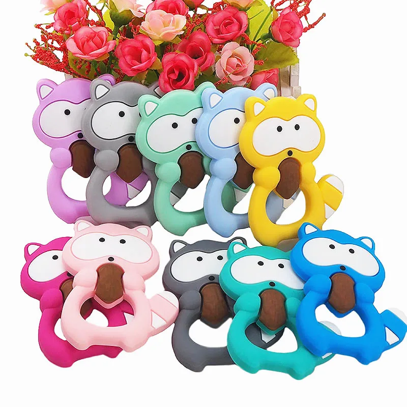 Wholesale Food Grade Baby Animal Chewing Toys Safety Natural Soft DIY Nursing Silicone Squirrel Pacifier Wood Teething Toy Kids