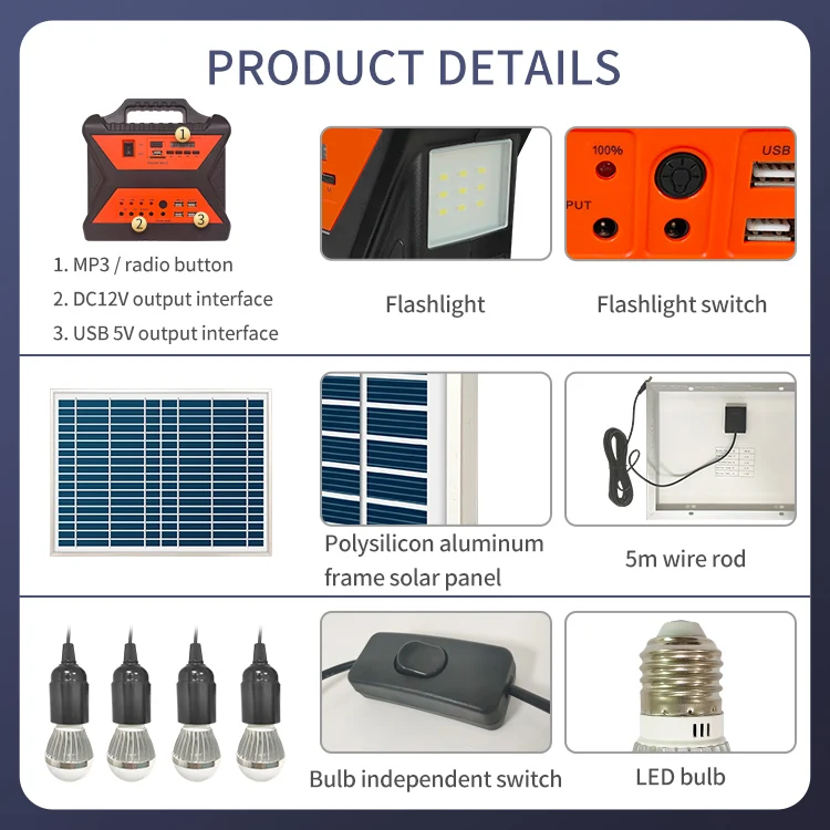 small camping portable off grid power generator kit 10w solar panel mini 12v dc home indoor sound light bulb energy system