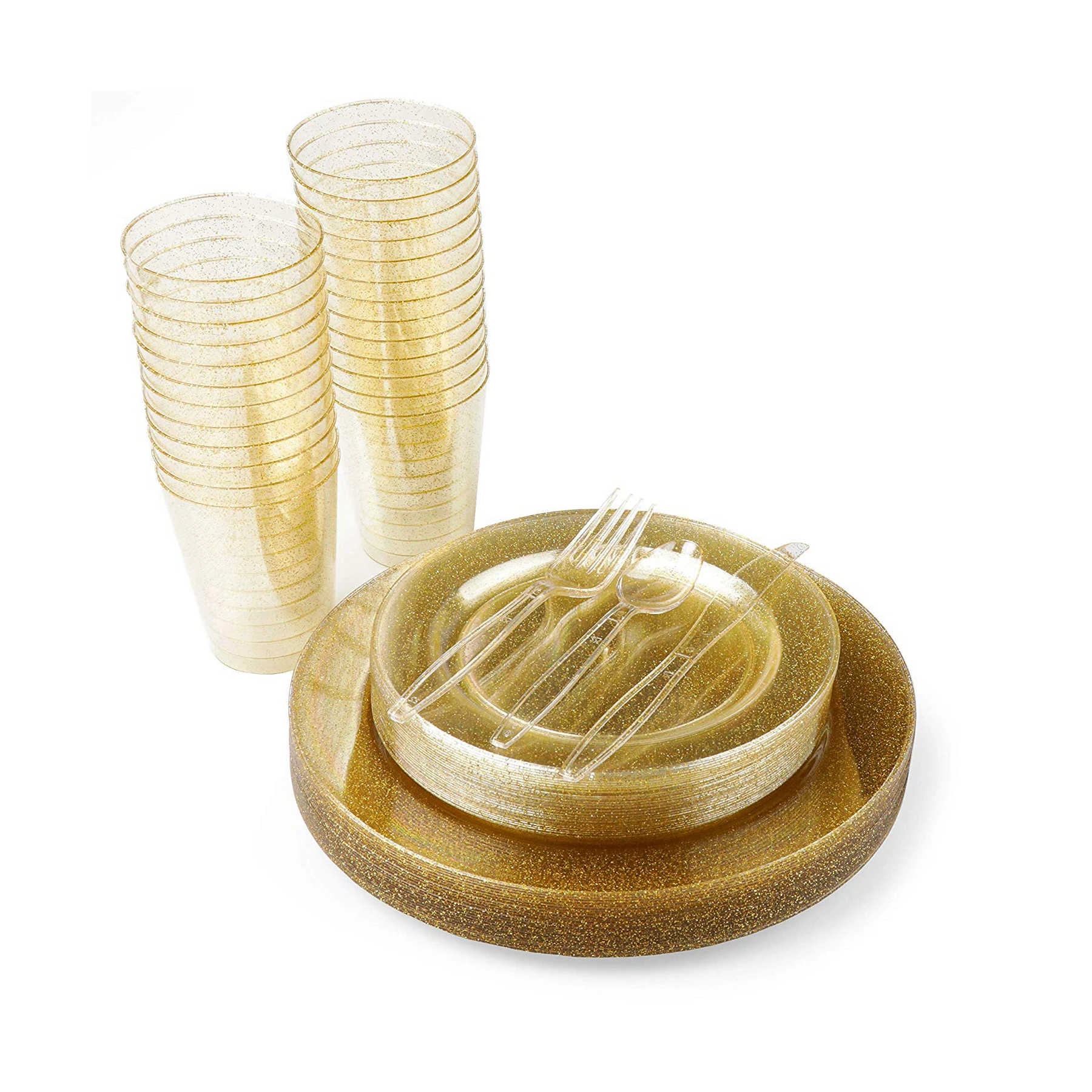 High Quality Gold Glitter Melamine Tableware Set, Disposable Dinnerware Sets Plates Plastic Plate With Glitter