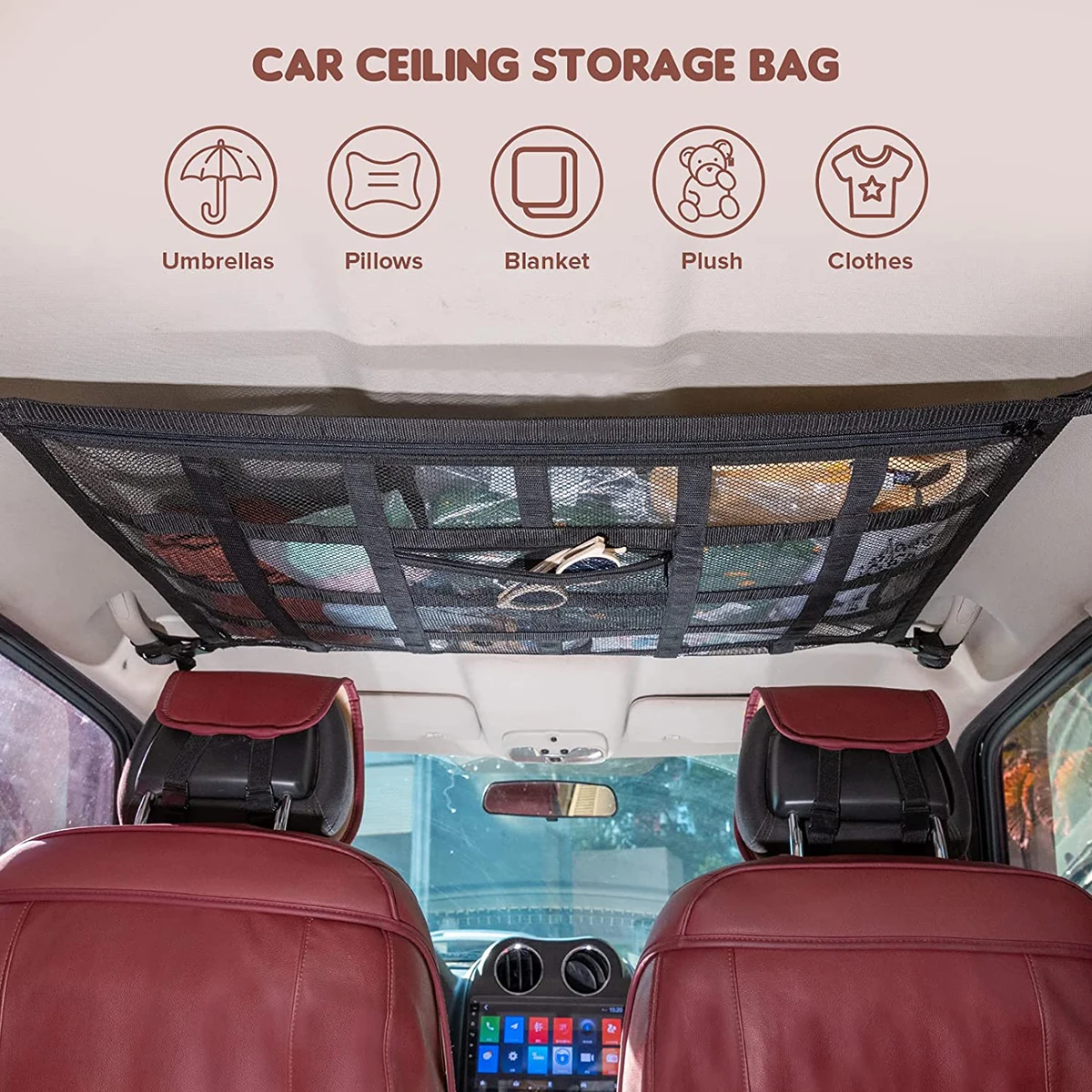 Custom Upgrade Strengthen Car Mesh Roof Storage bag Travel  Camping Interior Ceiling Cargo Net Car Storage Organizer Bag