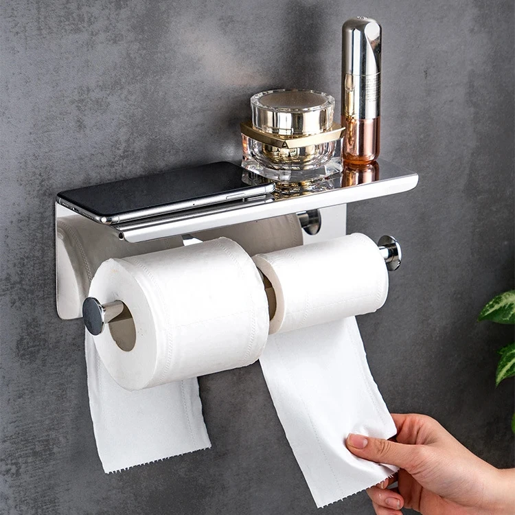 Hot Sale 304 Stainless Steel Toilet Paper Holder Wall Mounted Bathroom Paper Holder with Mobile Phone Storage Shelf and Hook