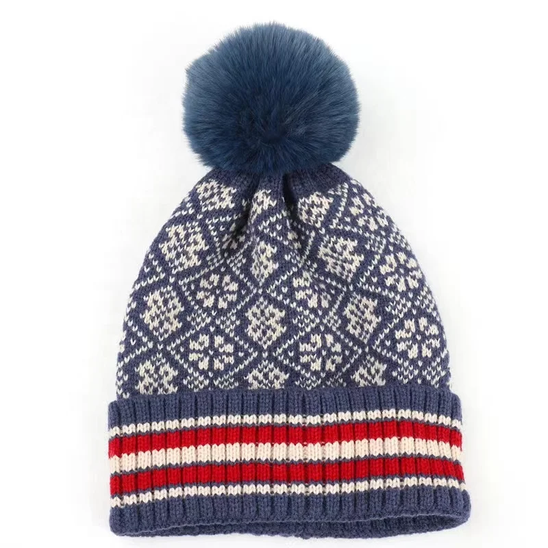 Acrylic Knitted PomPom Cuffed Beanie Pattern Jacquard Cable Knit Youth Winter Hats Faux Fur Pom Pom Beanies With Custom Logo