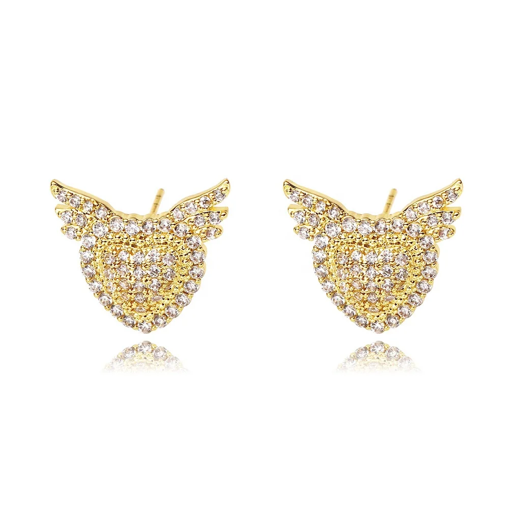 full pave 3A+ cubic zircon angel wing stud heart women dainty earrings