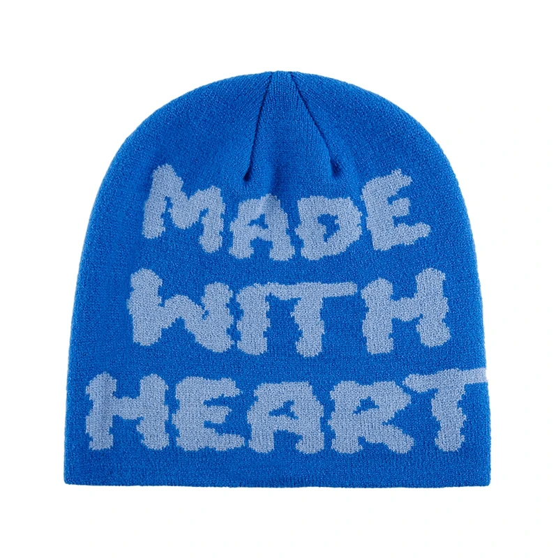 Custom Logo Design Winter Big Logo Print Jacquard Knit Unisex Streetwear Cuffless Skull Cap Skully Beanie Hat