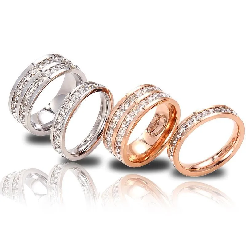 Trendy Zircon Rose Gold Couple Rings Jewelry Stainless Steel Single Double Row Zircon Rings