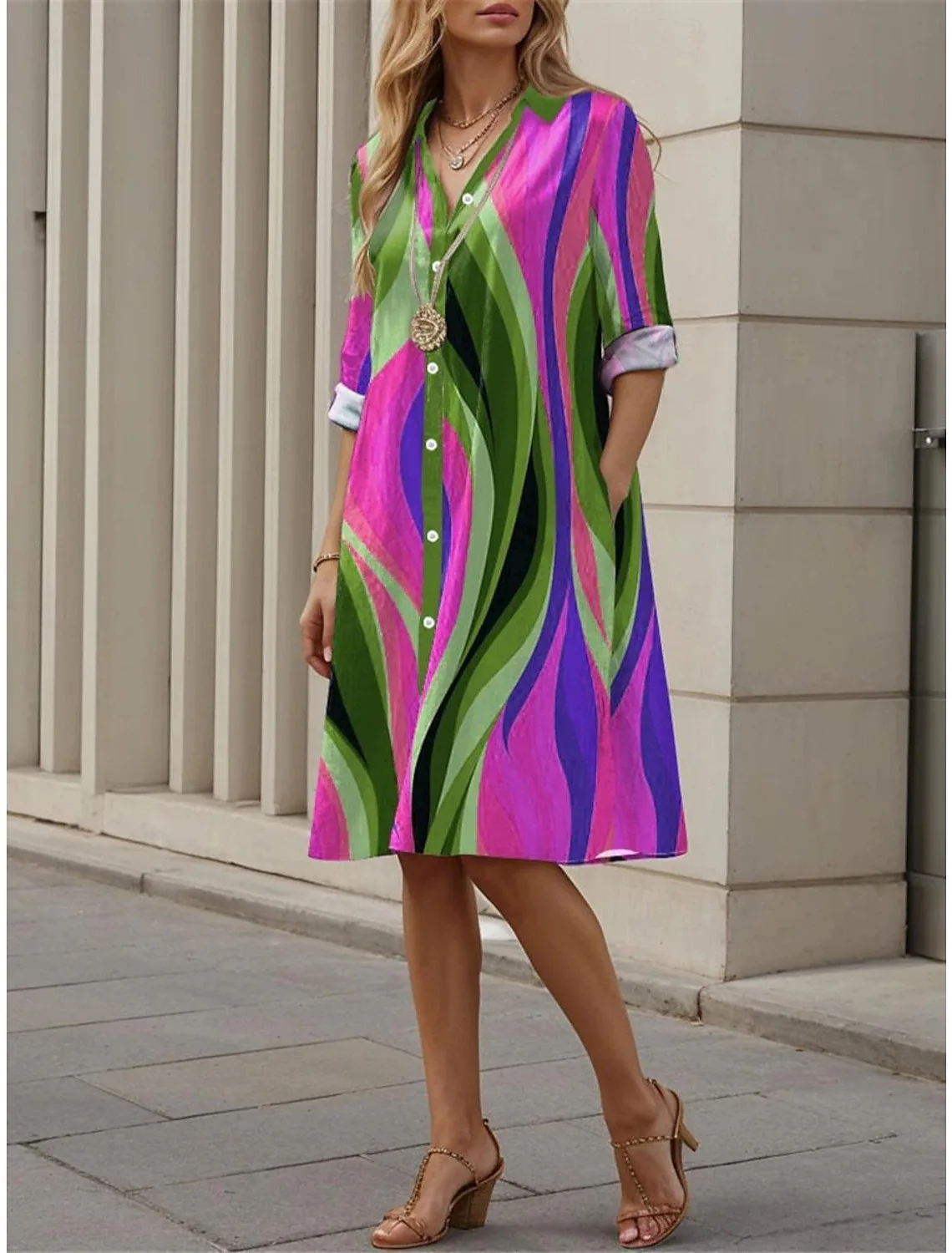Hansilu New Multi-color Check Diamond Lattice Mosaic 3D Digital Print Loose Elegant Shirt Dress for Women
