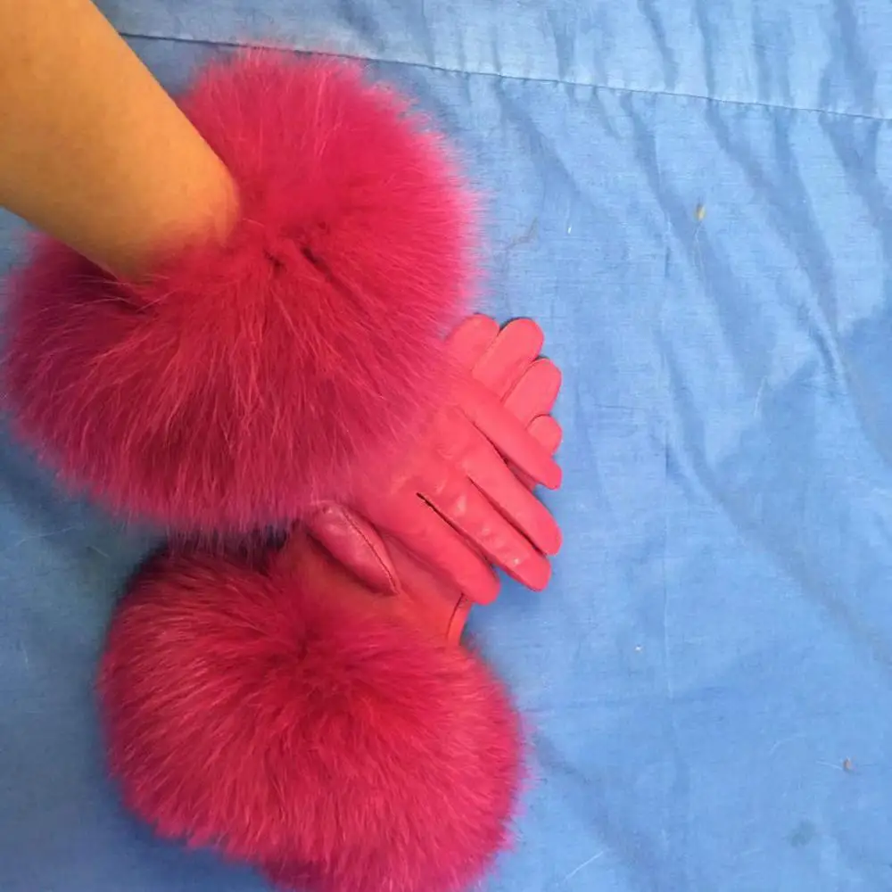 2019 muticolorsuede  real sheep skin leather glove real  fox fur trim