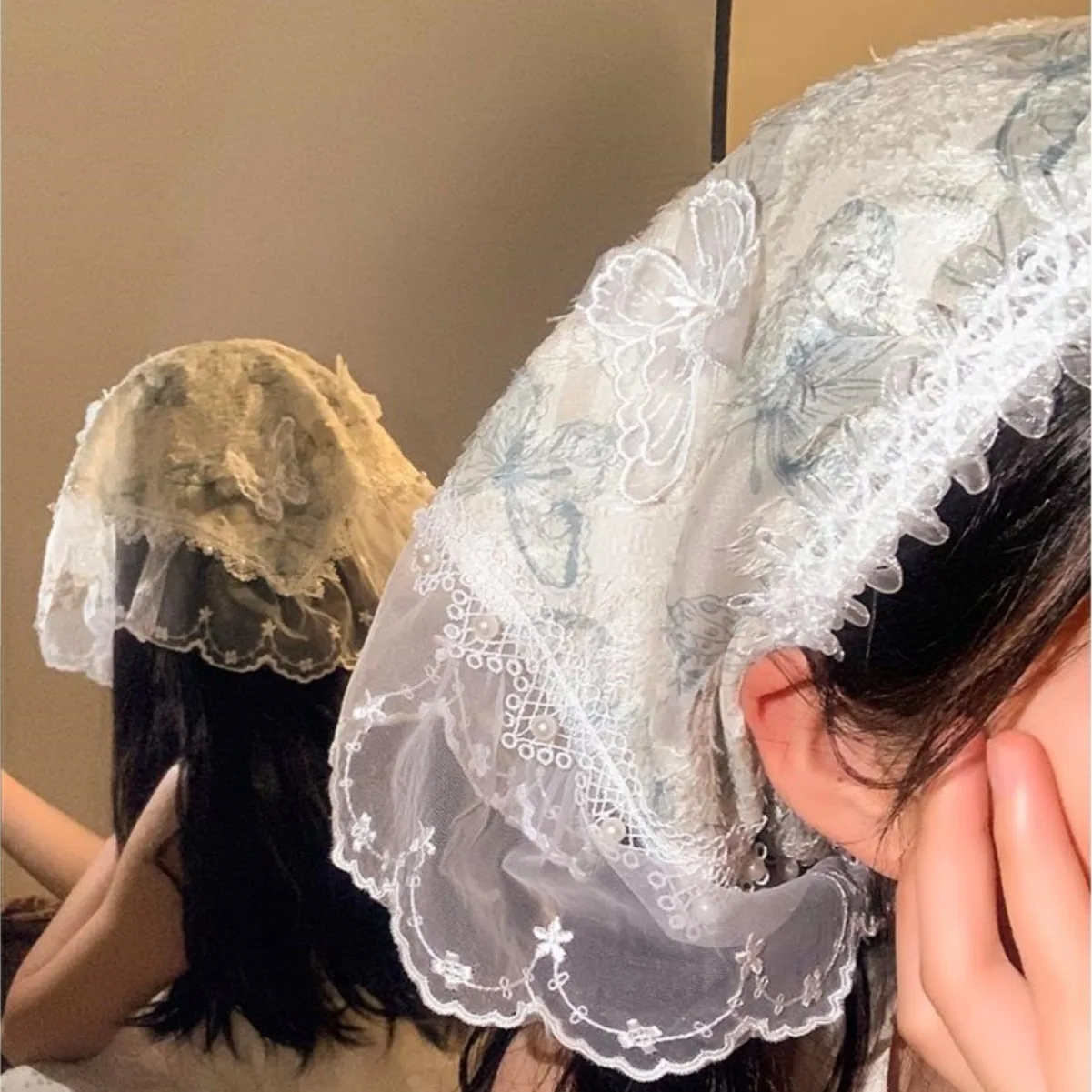 Pearl lace butterfly triangular headscarf women head wear countryside seaside headband