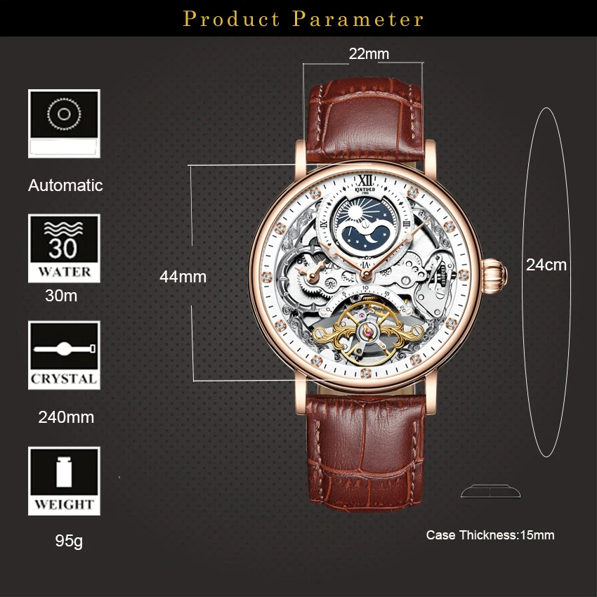 KINYUED Skeleton Watches Mechanical Automatic Watch Men Sport Clock Casual Business Moon Wrist Watch J055