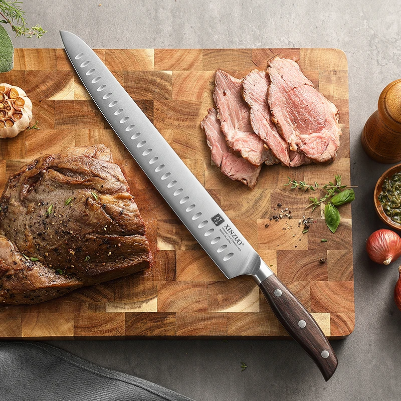 2022 New Arrivals German 1.4116 Stainless Steel Kitchen Meat Slicing Knives Granton Carving Knife with Red Sandalwood Handle