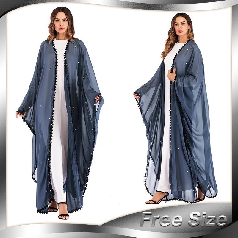 Hot Sale Modest Women European Muslim Trend Abaya Lace Stitching Dress Beaded Loose Lace Long-sleeved Cardigan Robe
