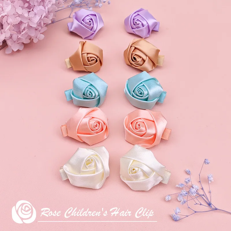 2Pcs/Set  Newborn Handmade Satin Petals  Rose Flower Hair Clips Rolled Rose Fabric Hair Flowers for Kids Girls Hair Accessories