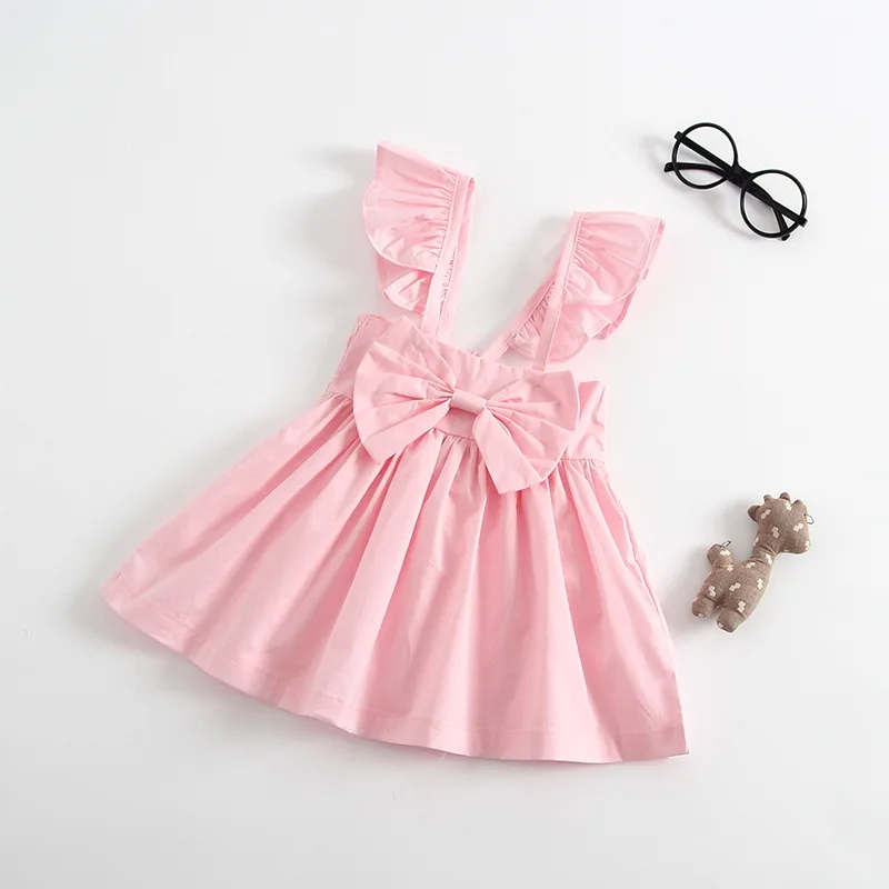 
summer kids baby girl yellow fly sleeve dresses european fashion oversize bow soft cotton tutu fancy dress girls dresses 
