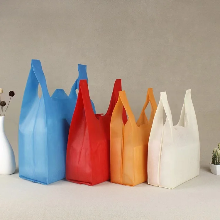 Wholesale non woven reusable w-cut vest bag grocery packaging nonwoven t shirt bag