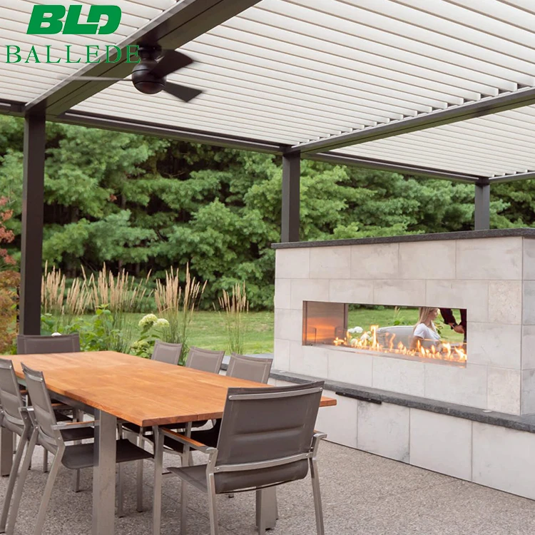 Weatherproof House Pergola Motorized Opening Louvered Roof with Outdoor Fireplace and Fan