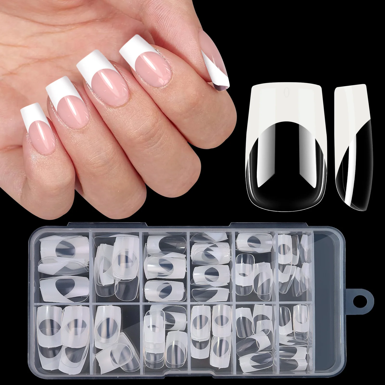 120PCS/box Acrylic French False Nails Medium Length Square Armor Full Cover Nail Tips Can Be Removable Mixed Size Press On Nails