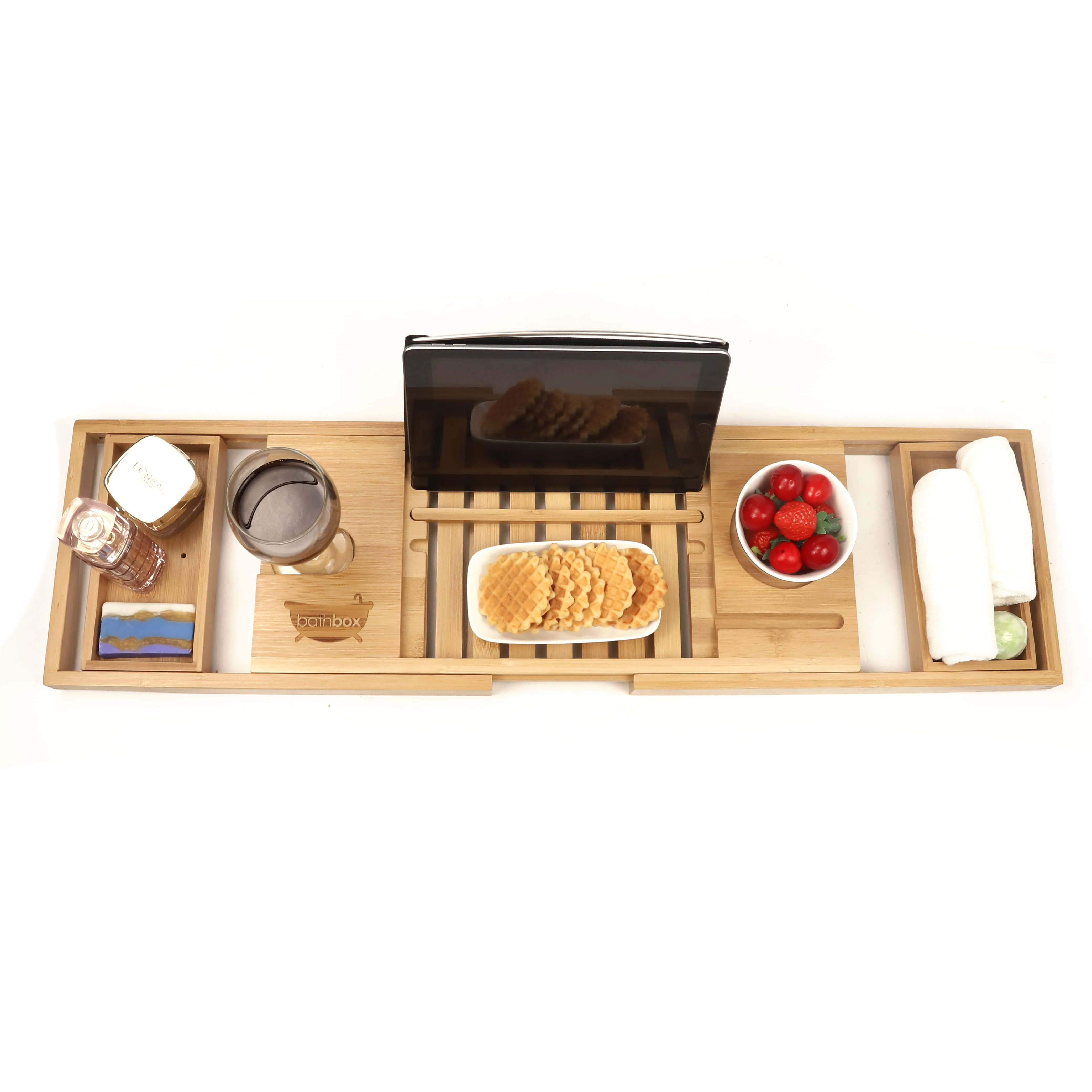 
Eco-friendly Adjustable Luxury Bamboo Wooden Bathroom Bath Caddy Tray Bathtub Board and Caddy with Extend Side 