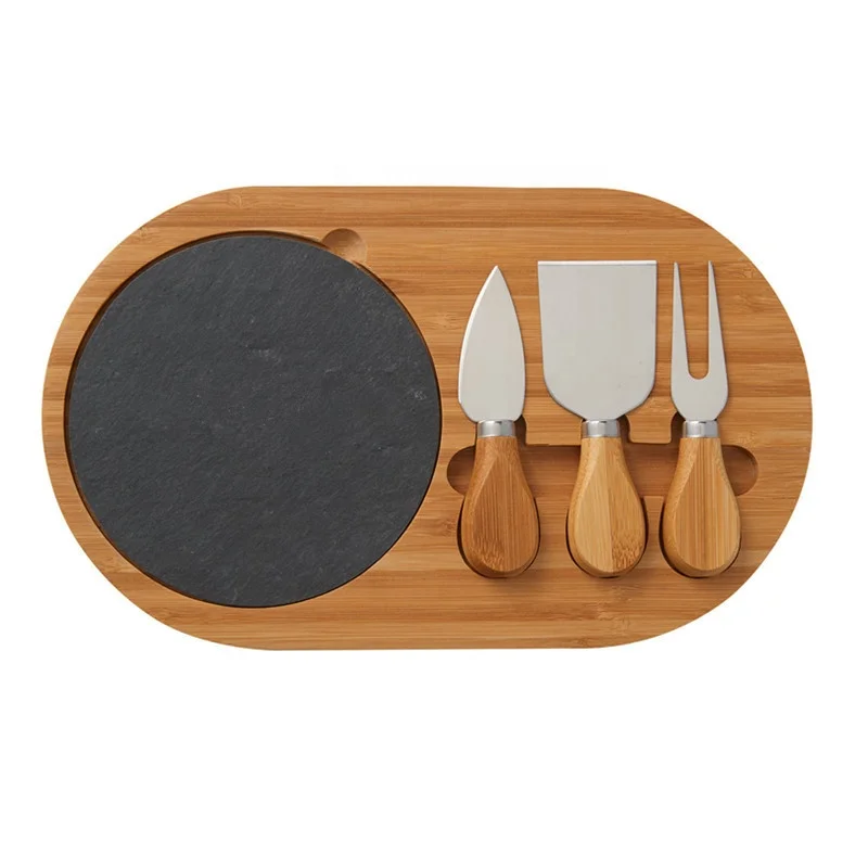 Hot Sale Black Slate Cheese Board Set with Stainless Steel Cutlery Set Bamboo Charcuterie Board Set for Gift