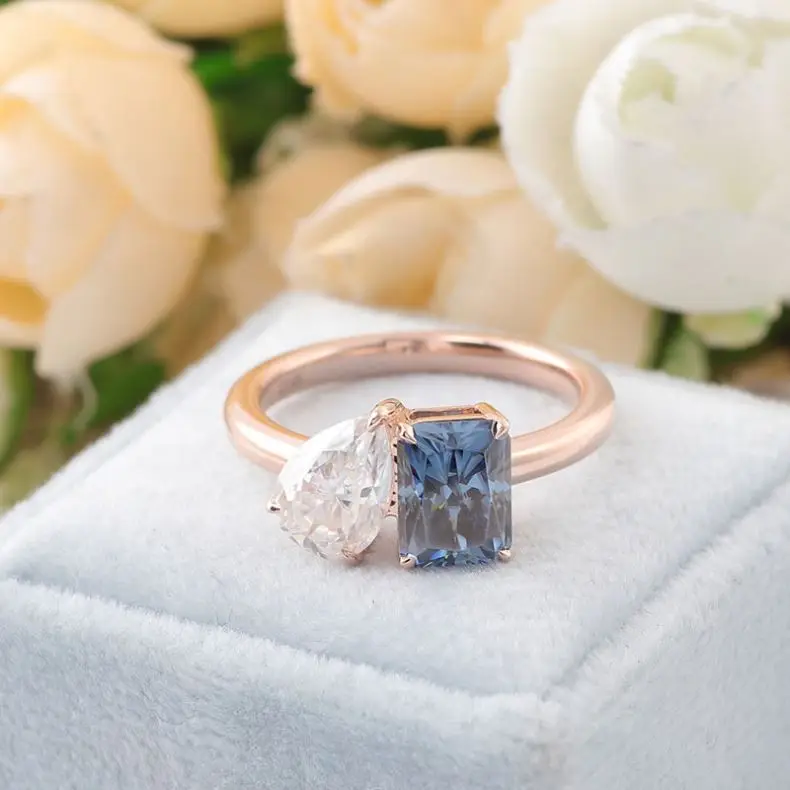 Custom 14k Rose Gold DEF Pear Cut Moissanite & 2ct Carat Radiant Cut Blue Grey Moissanite Double Diamond Wedding Ring For Bridal