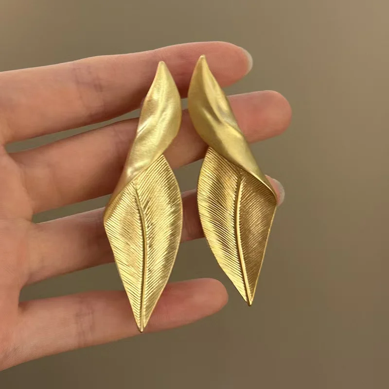 Fashion exaggerated brass matte brushed gold leaf earrings for women