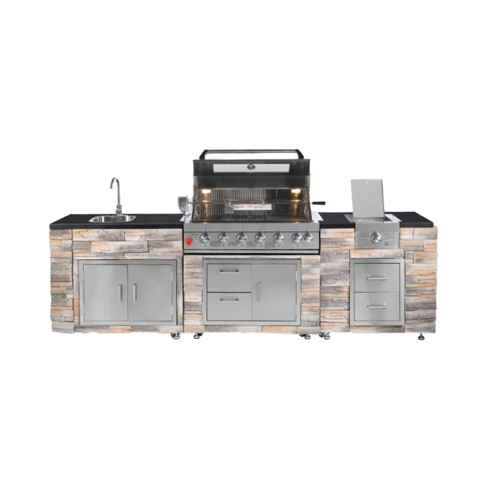 Outdoor Kitchen Side Burner Full Set Stone BBQ Island with Six Burners Including Back and Side Burners