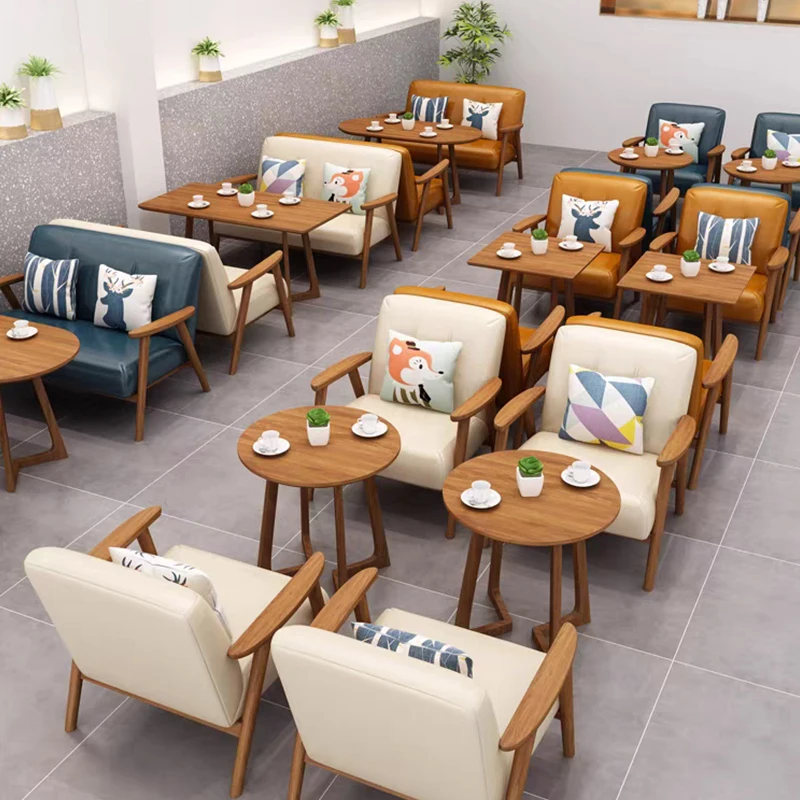 Modern Hot Sale Casual Restaurant Cafe dessert shop Book Store Solid Wood Table with Wooden Leg Dining Chair Double Sofa Set
