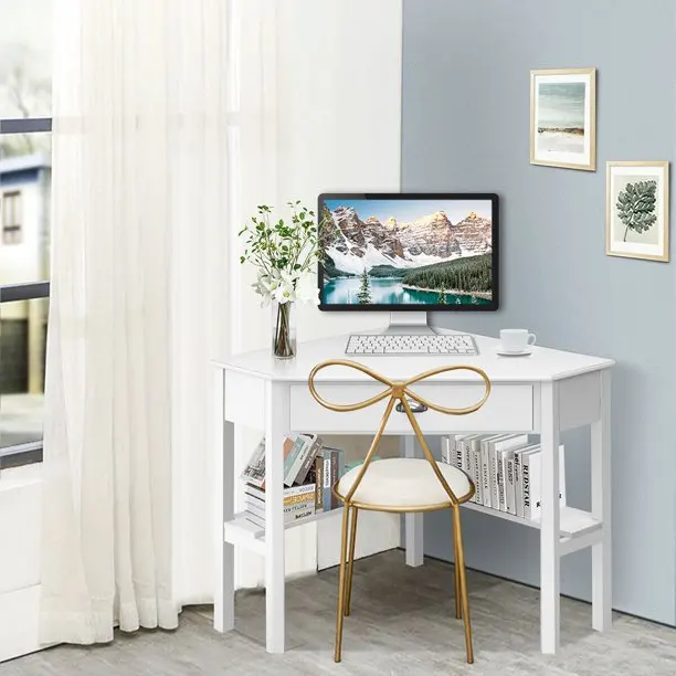 White Color Modern Wooden Cheap Computer Desk with Drawer and Shelf Corner Table for Living Room