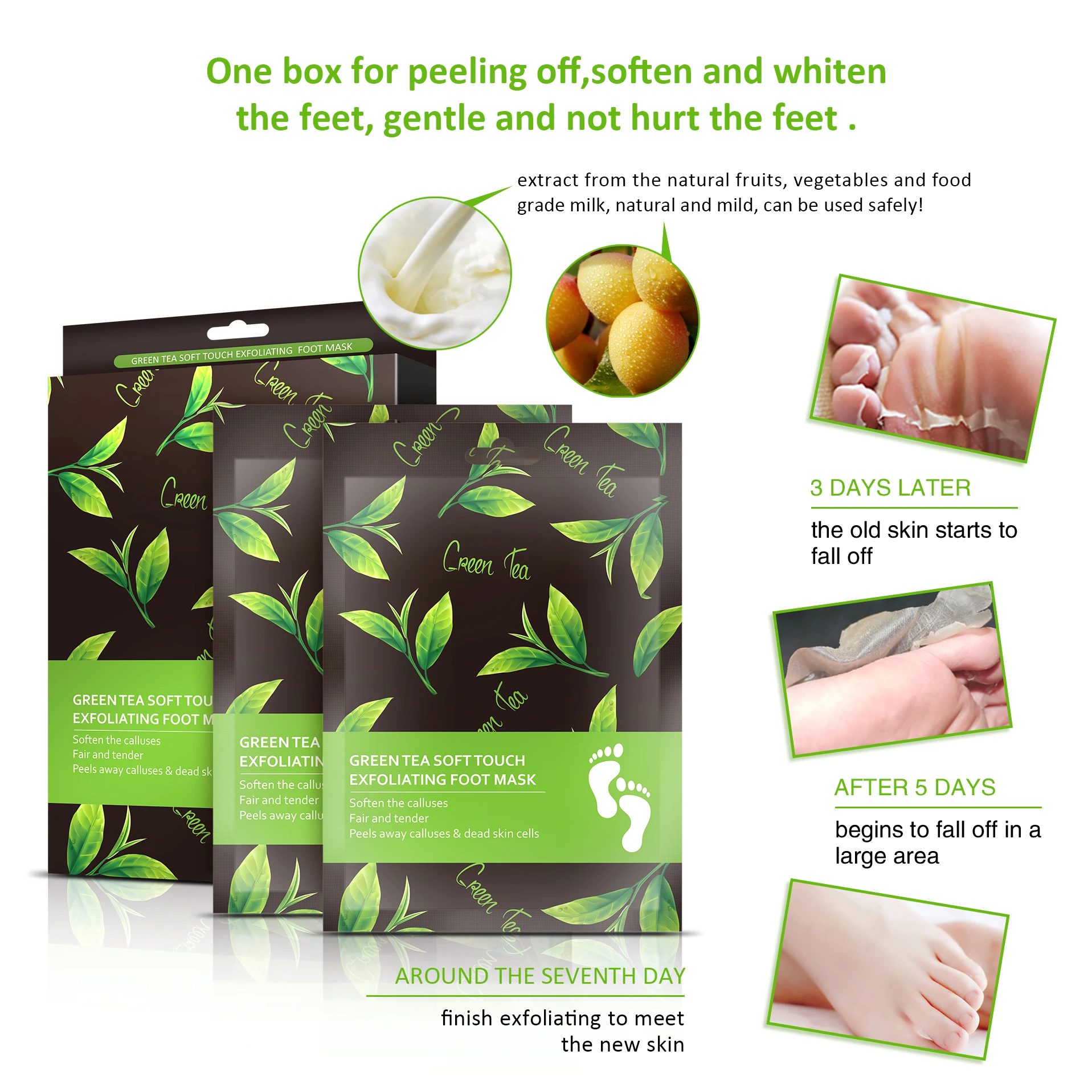  OEM Green Tea Foot Peel Mask Socks White Soft Feet Nourishing Dead Skin Removal Exfoliating