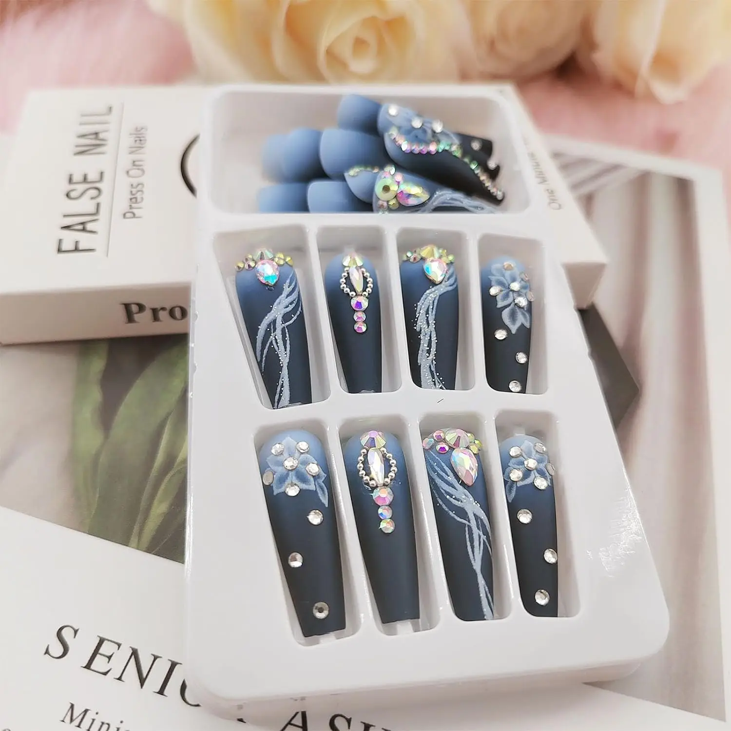 Long Press on Nails Coffin Dark Blue Gradient False Nails with White Flower Diamonds Design Glue Reusable Acrylic Fake Nails Gel