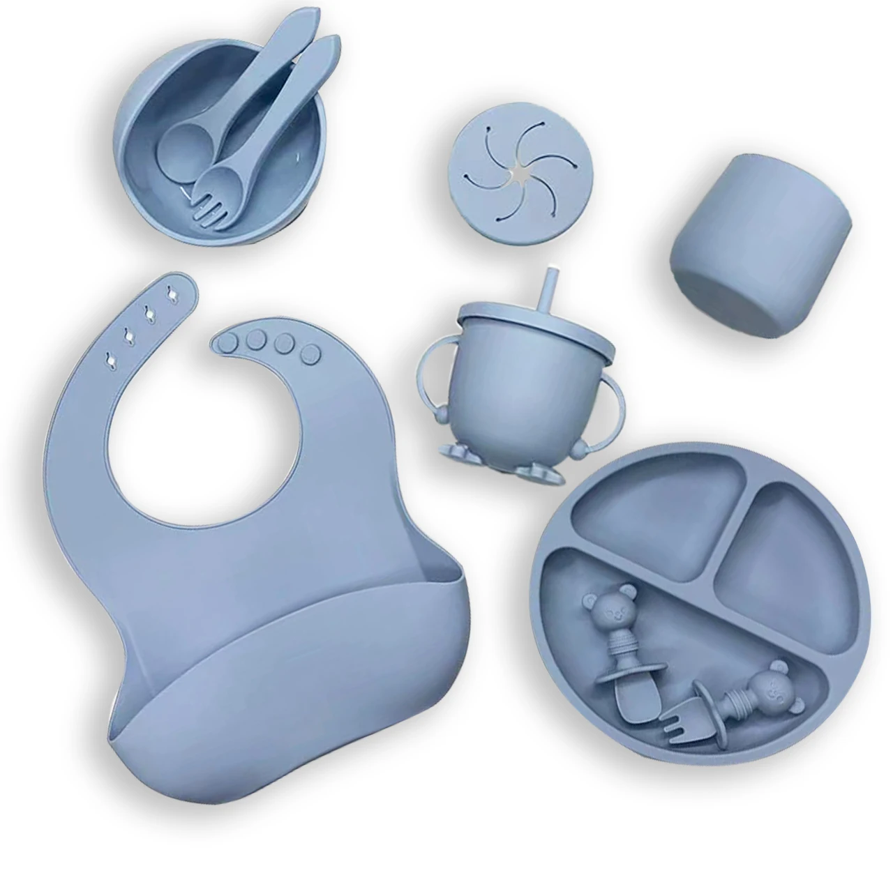 New Arrival Eco-friendly Non-toxic Kids Silicone Tableware Feeding Set Suction Bowl Spoon Set Feeding Bib Baby Silicone Bowl