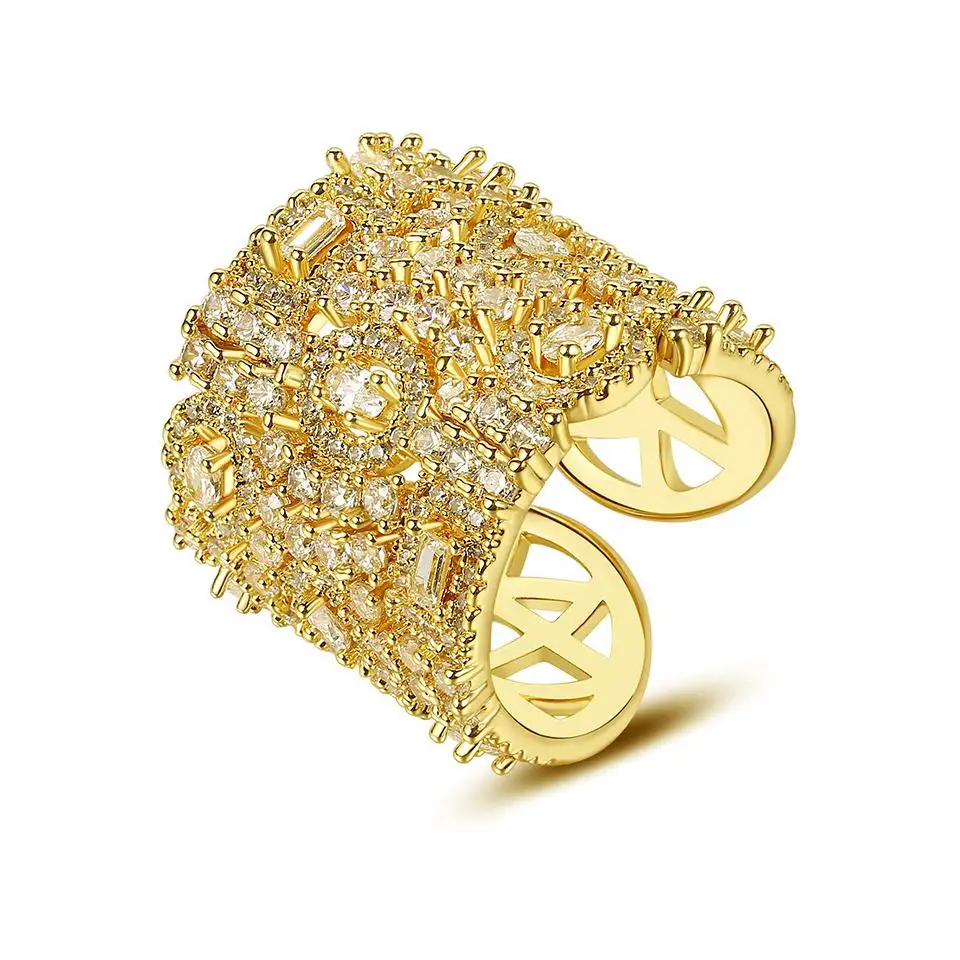 Fashionable Most Popular 18K Brass Elegant Engagement Platinum Plated Boho Style Zircon Ring Hollow Geometric Open Pattern Ring