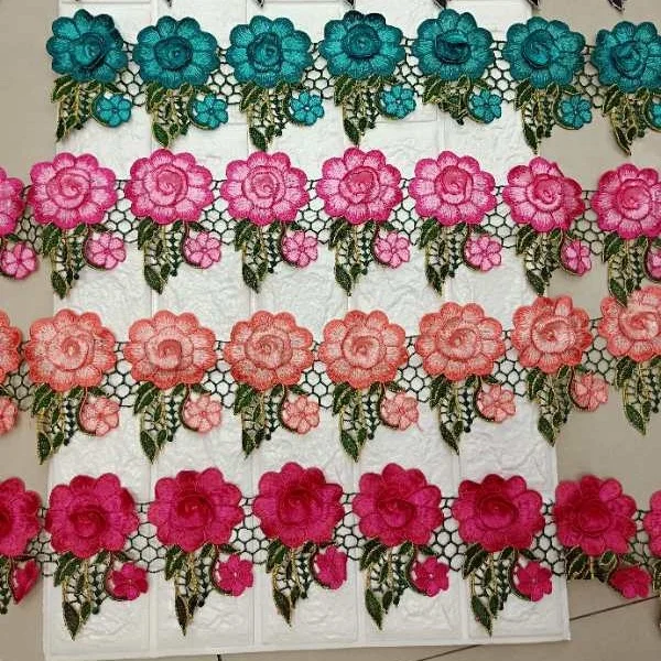 Colorful Polyester Lace Trim Veil Floral Rose Embroidery Lace Trim Wholesale Custom DIY Sequin Beads Glitter Embroidery Trim