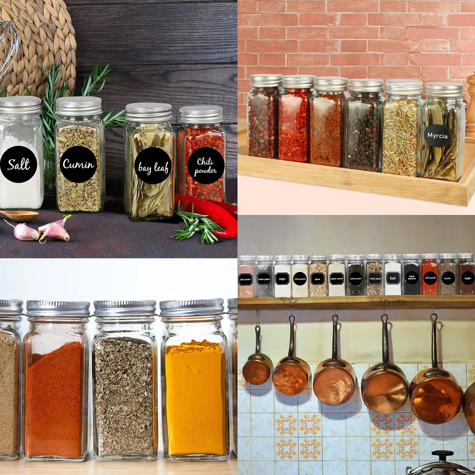 Glass Spice Jars with Spice Labels and Funnel Empty Square Spice Storage Bottles Containers with Shaker/Pour Lids 4oz 6oz