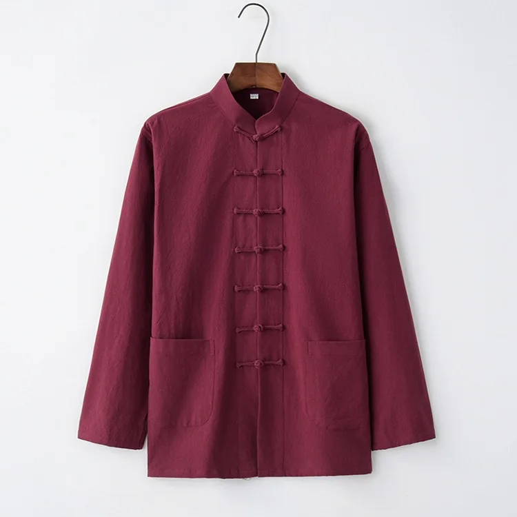 HANO Chinese Style New Year Hanfu Men Tops Kung Fu Solid Linen Tai Chi Wushu Outfit Vintage China Shirt Clothing