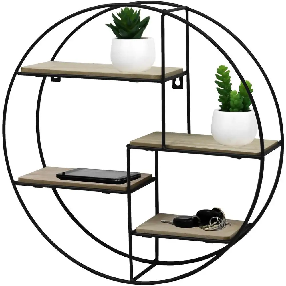 Customized Black rustic round metal home decor Storage unit Rack wooden shelf for wall display shelves
