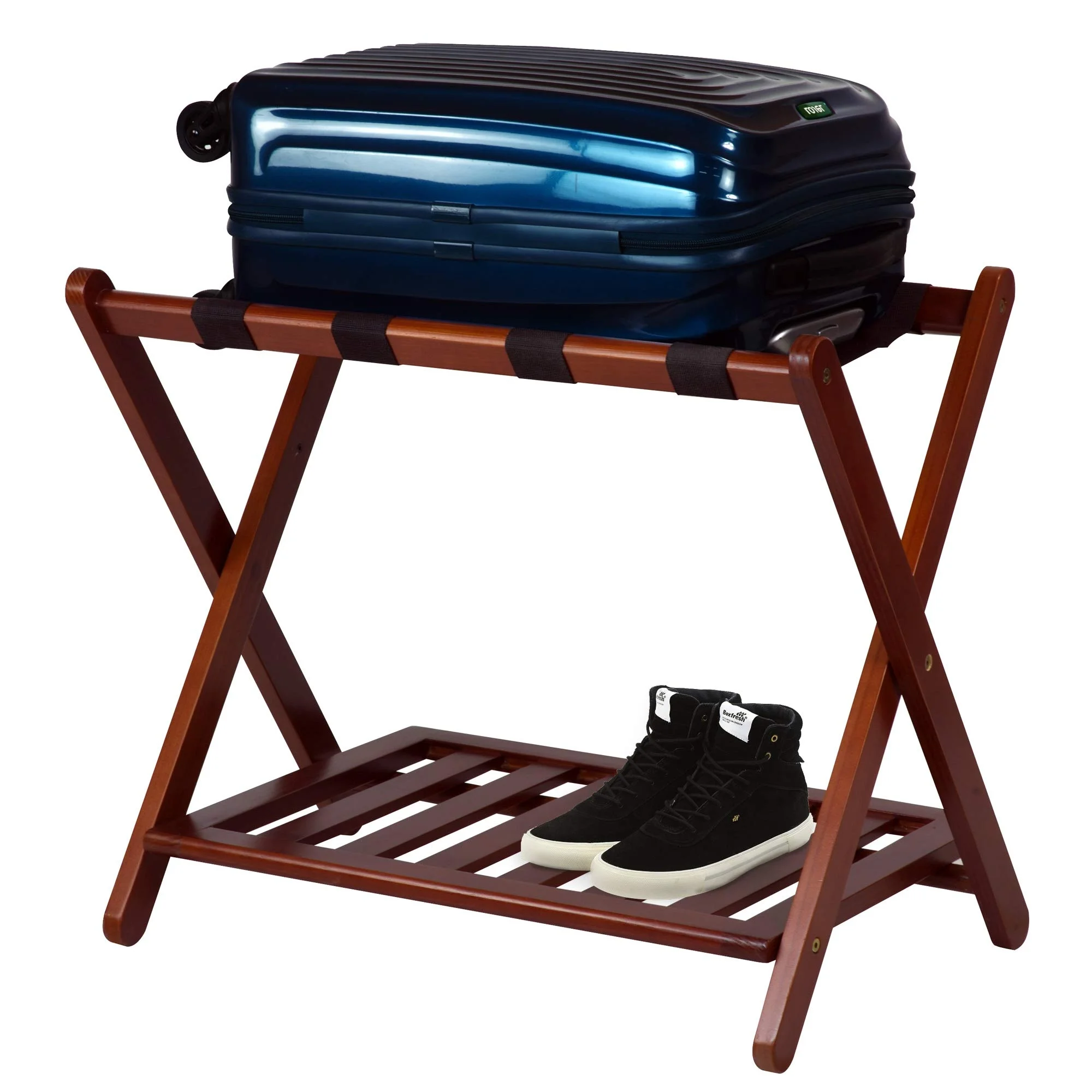 
Factory Top Sale Bamboo Wood 2 Tier Foldable Luggage Baggage Suitcase Rack Stand Shelf for Home Hotel GYM 