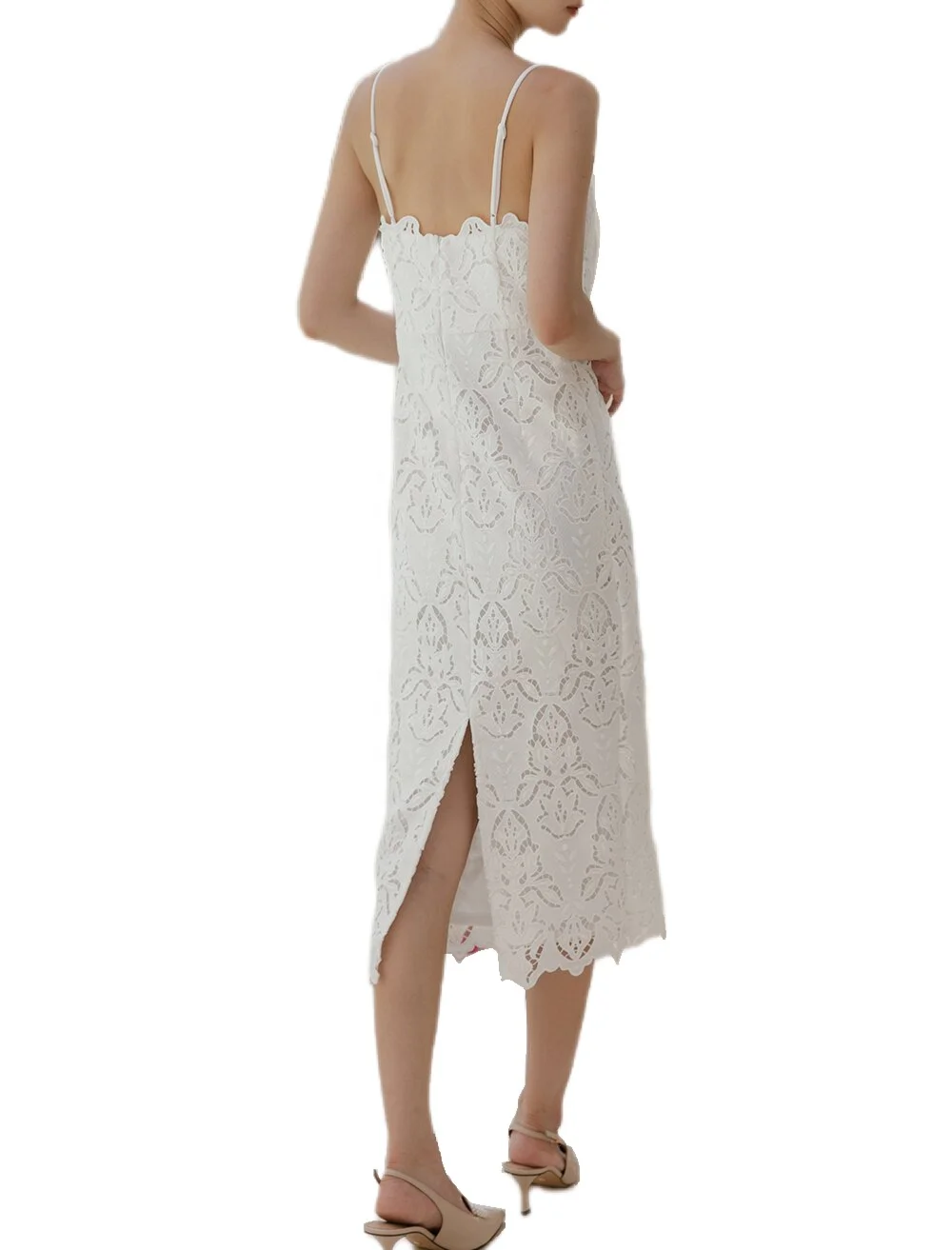 Hot Custom Elegant Pure Fashion White Lace Embroidery Floral Dress Simple Design Spaghetti Strap Clothes Women Dress Midi Length