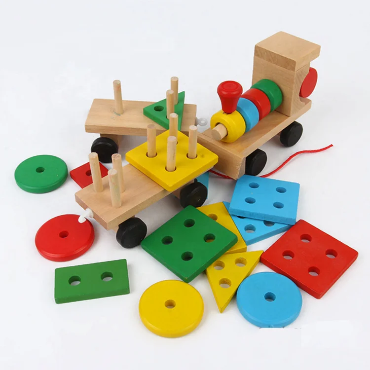 Wooden Block Train Toy Set Wheels For Kids Railway Track Vehicle Recognition