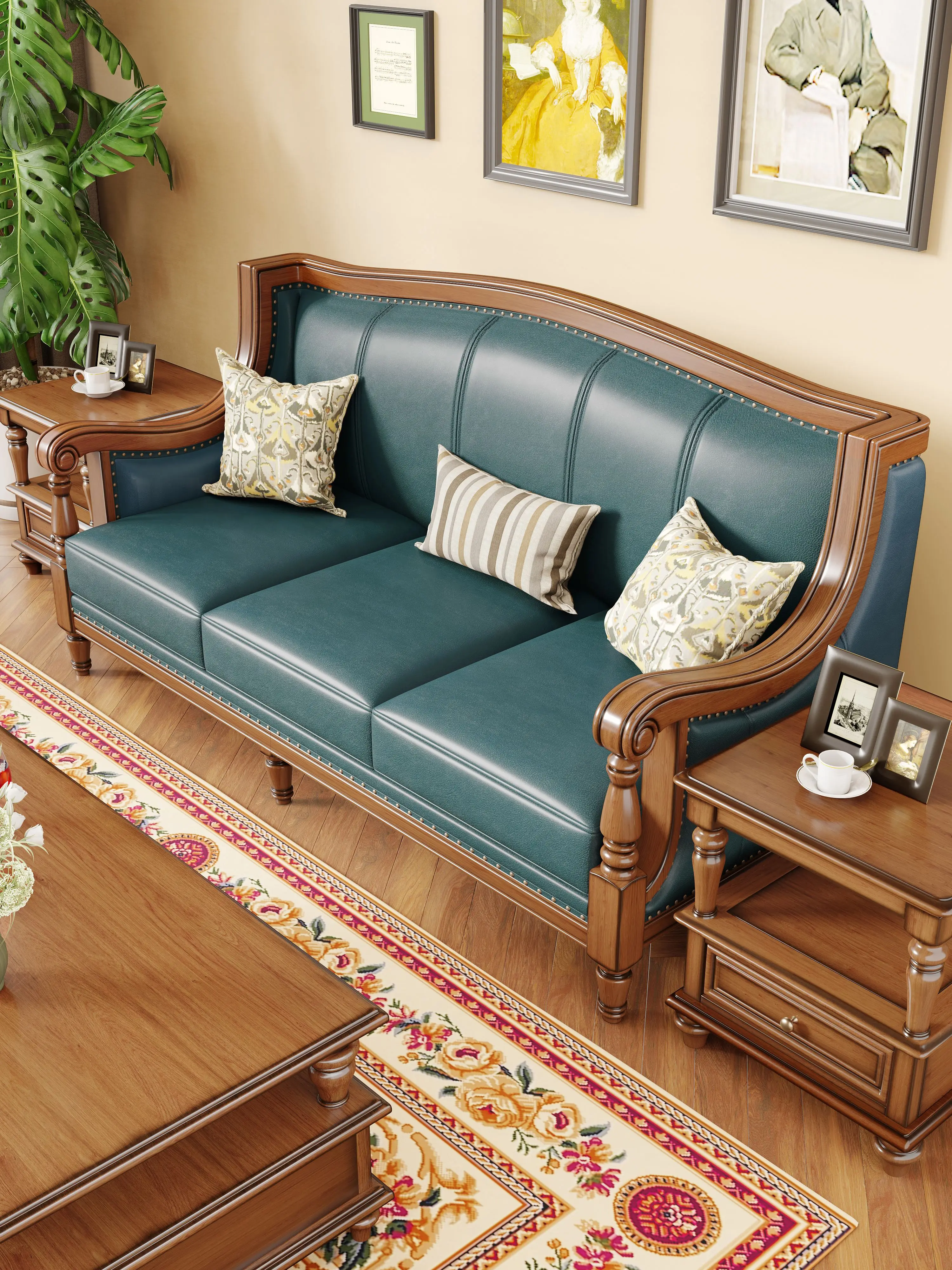 Solid Wood  1 2 3 Seater Sofa Set Antique American Living Room Furniture Top Grain Leather Sofa for Villa Home