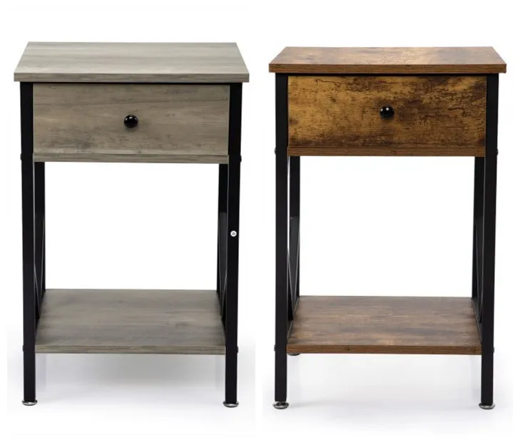 US warehouse Set of 2 Nightstand Industrial End Table with Drawer, Storage Shelf and Metal Frame for Living Room, Bedroom