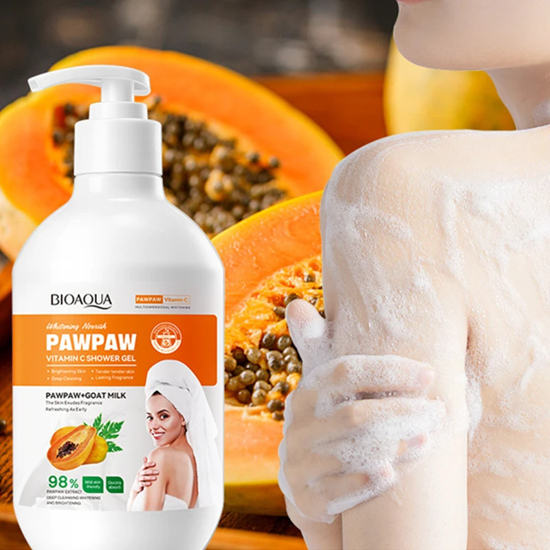 BIOAOUA 480ml pawpaw vitamin c shower gel body cleaning moisturizing brightening goat milk papaya body lotion