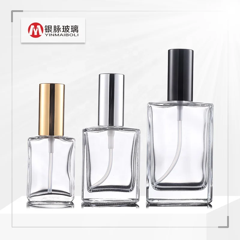 Hot sale 30ml 50ml 100ml transparent rectangle glass perfume spray bottle with aluminum pump cap