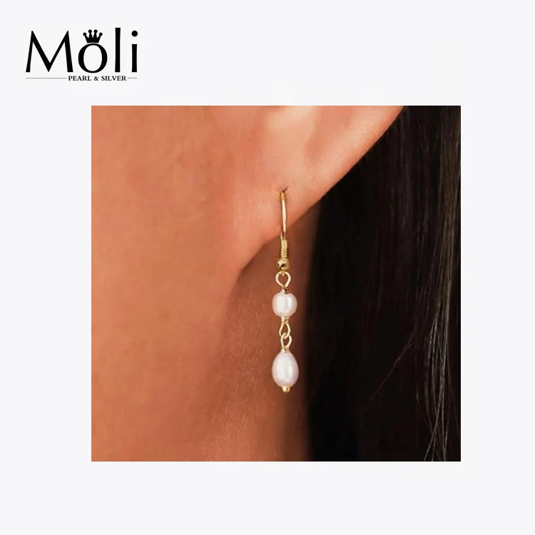 Fashion Jewelry 14K Gold Plating 4-5mm White Natural Rice Pearl Trendy Drop Earrings for Women Gifts
