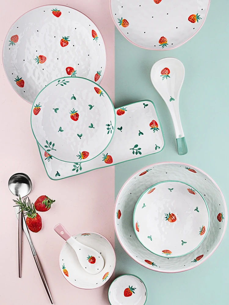 Hand painted strawberry printing dinnerware dishes plates ceramic dinner set