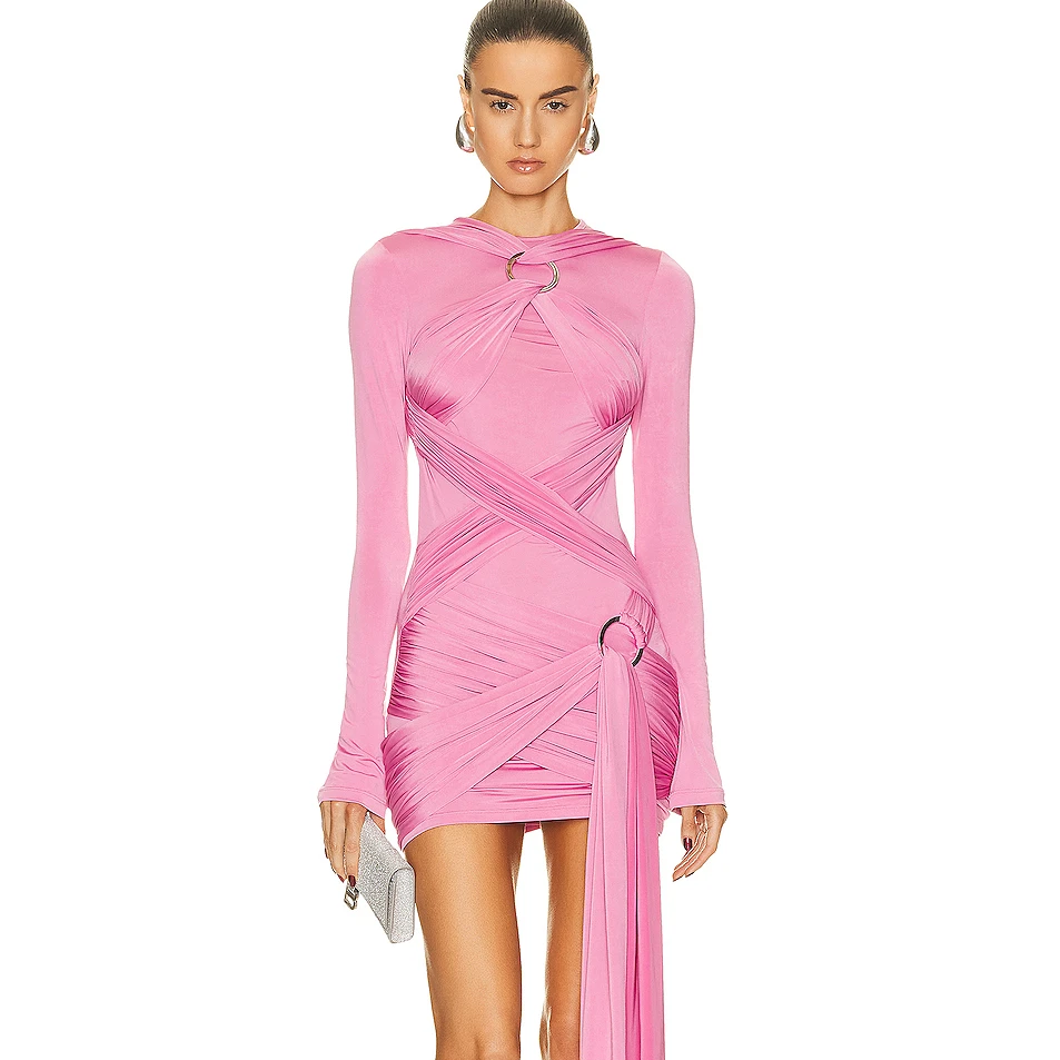 New Arrival Metal Buckle Strap Design Long Sleeve Fashion Woman Sexy Elegant Ladies Summer Casual Nightclub Party Street Style