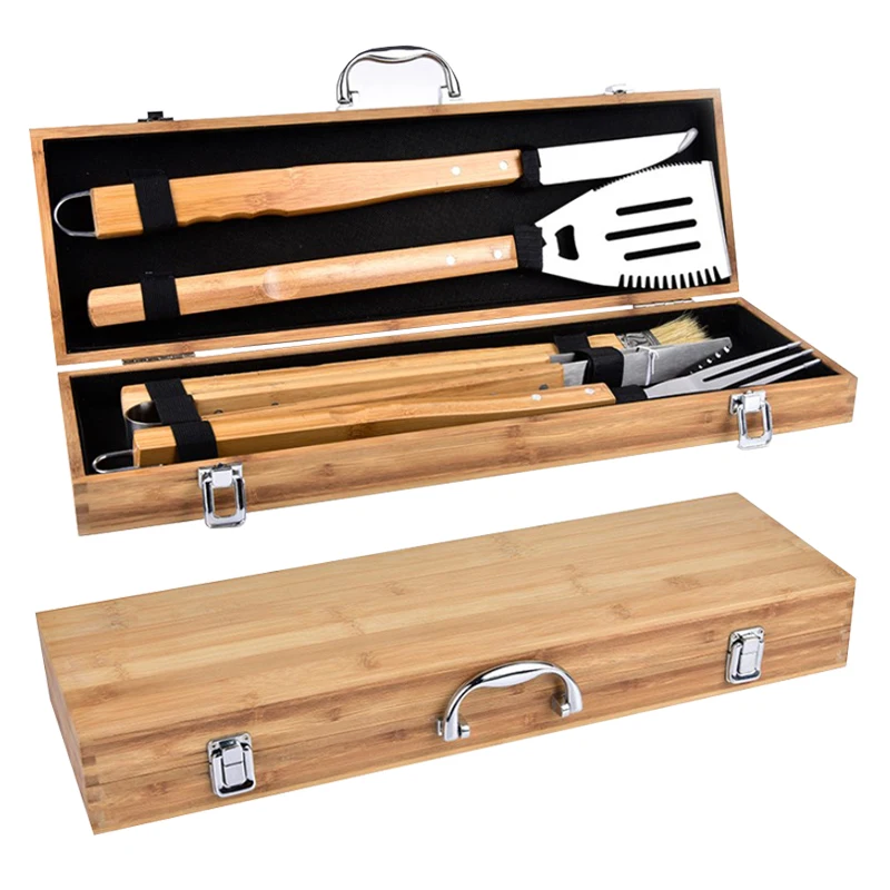 grill set barbecue accessory bbq wooden tool box bamboo wood handle 5 in 1 multifunction bbq tools accessories in bamboo case