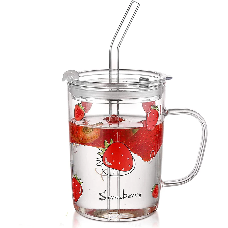 Strawberry 15oz Clear Water Bottle Glass Tumbler With Straw and Lid for Household Milk Juice