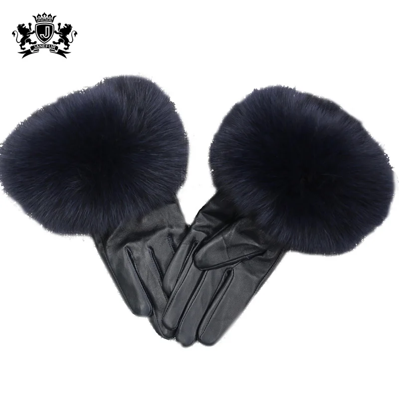 Элегантные серые варежки из натуральной овечьей кожи, Элегантные Роскошные теплые зимние перчатки с лисьим мехом