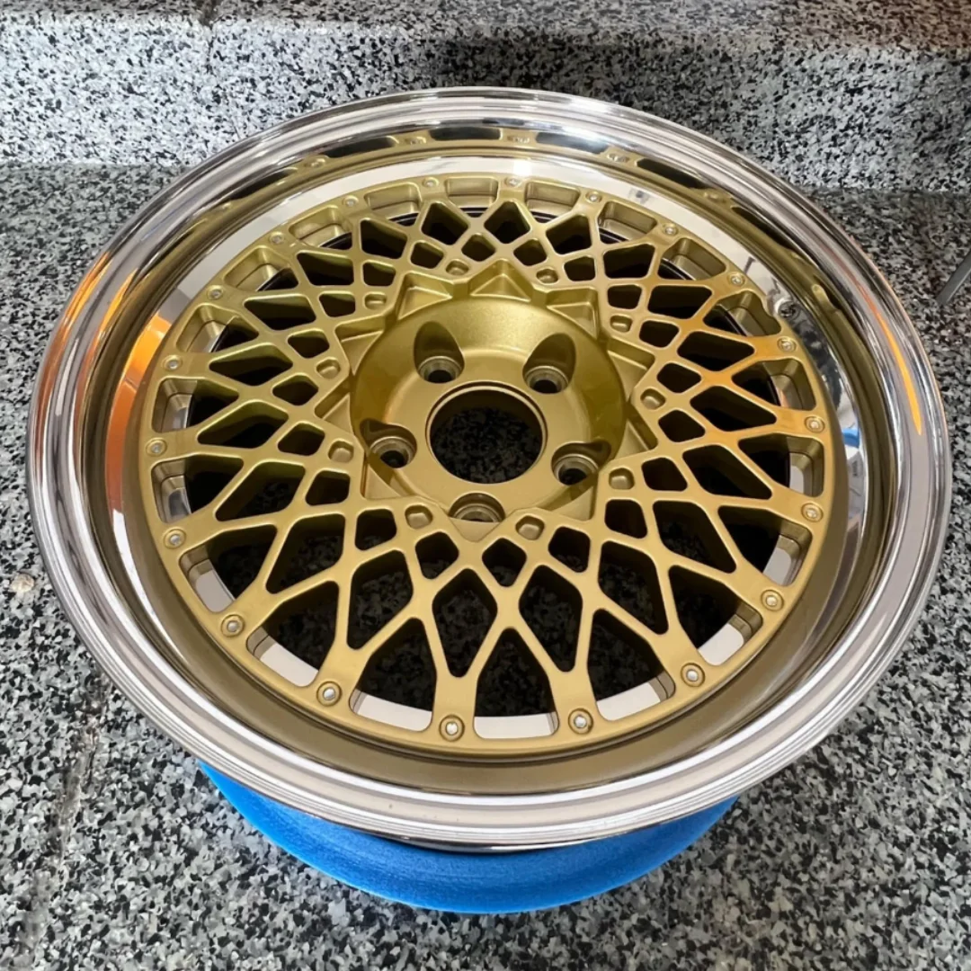 Bk custom 3 pc forged 5x120 5x130wheels 15 16 17 18 19 inch 7j to 14 j mesh design e50 gold  wheel rim for BMW Porsche VW Honda