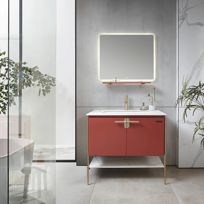 OPPEIN sinks faucets led vanity mirror red white sintered stone top luxury bathroom vanity floating bathroom cabinet